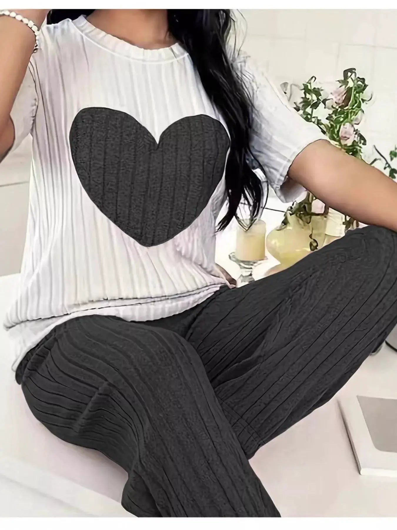 Heart ribbed knit top and pants two-piece lounge set: white top with large black heart and charcoal ribbed pants