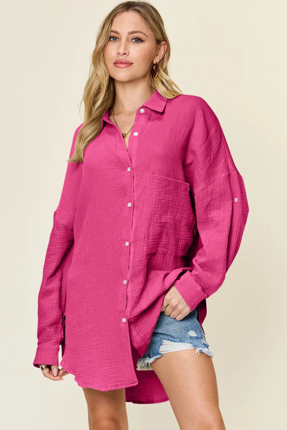 Double Take Full Size Pocketed Texture Button Up Shirt in bright pink with white buttons, loose fit and long sleeves