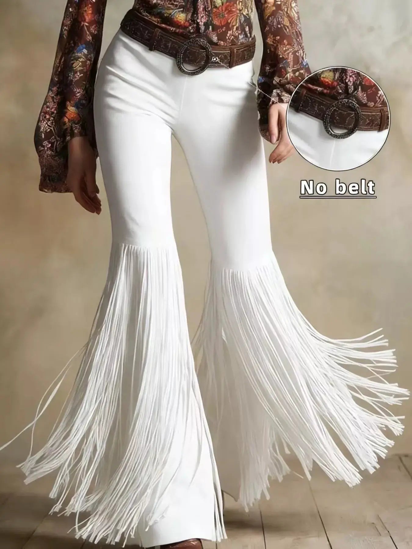 Fringe Flare Pants by Trendsi in white with long fringe hem