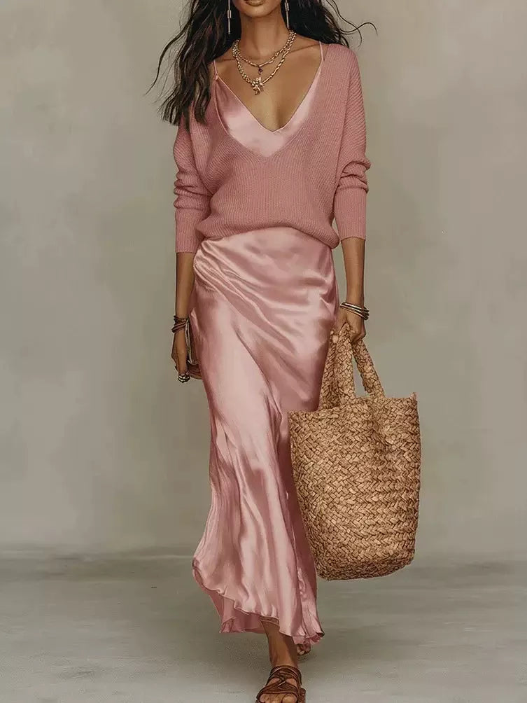 V-Neck Sweater & Satin Slip Maxi Dress Set in Pink by Belle Bijouix – view 37 of 41