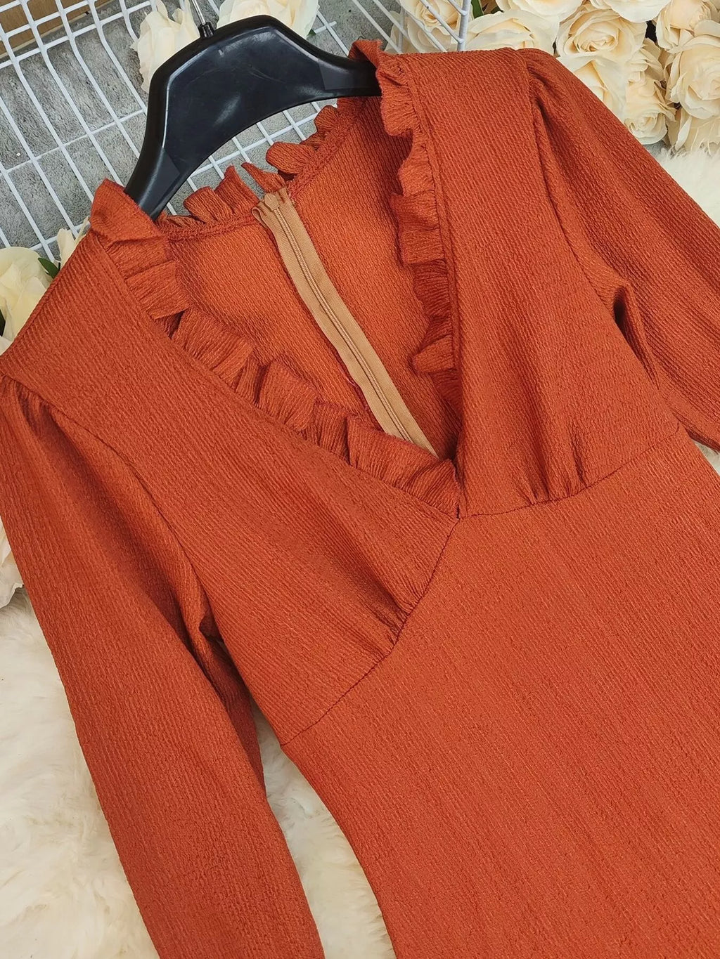 Ruffled High-Low Long Sleeve Dress in rust-orange corduroy with back zipper