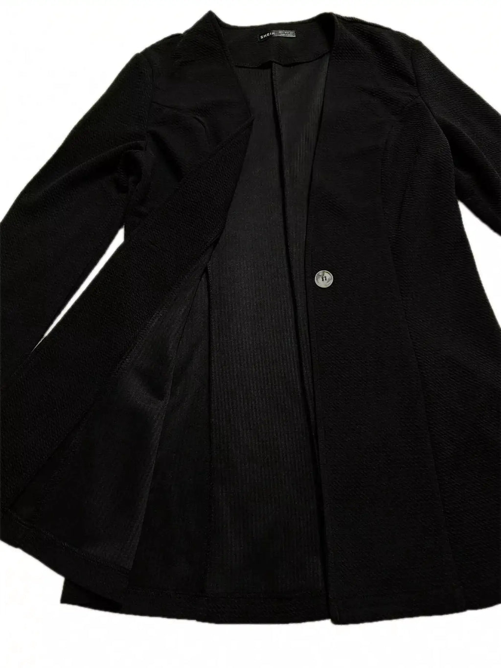 Single-Button Long Sleeve Blazer in black textured fabric by Belle Bijouix, Coats & Jackets