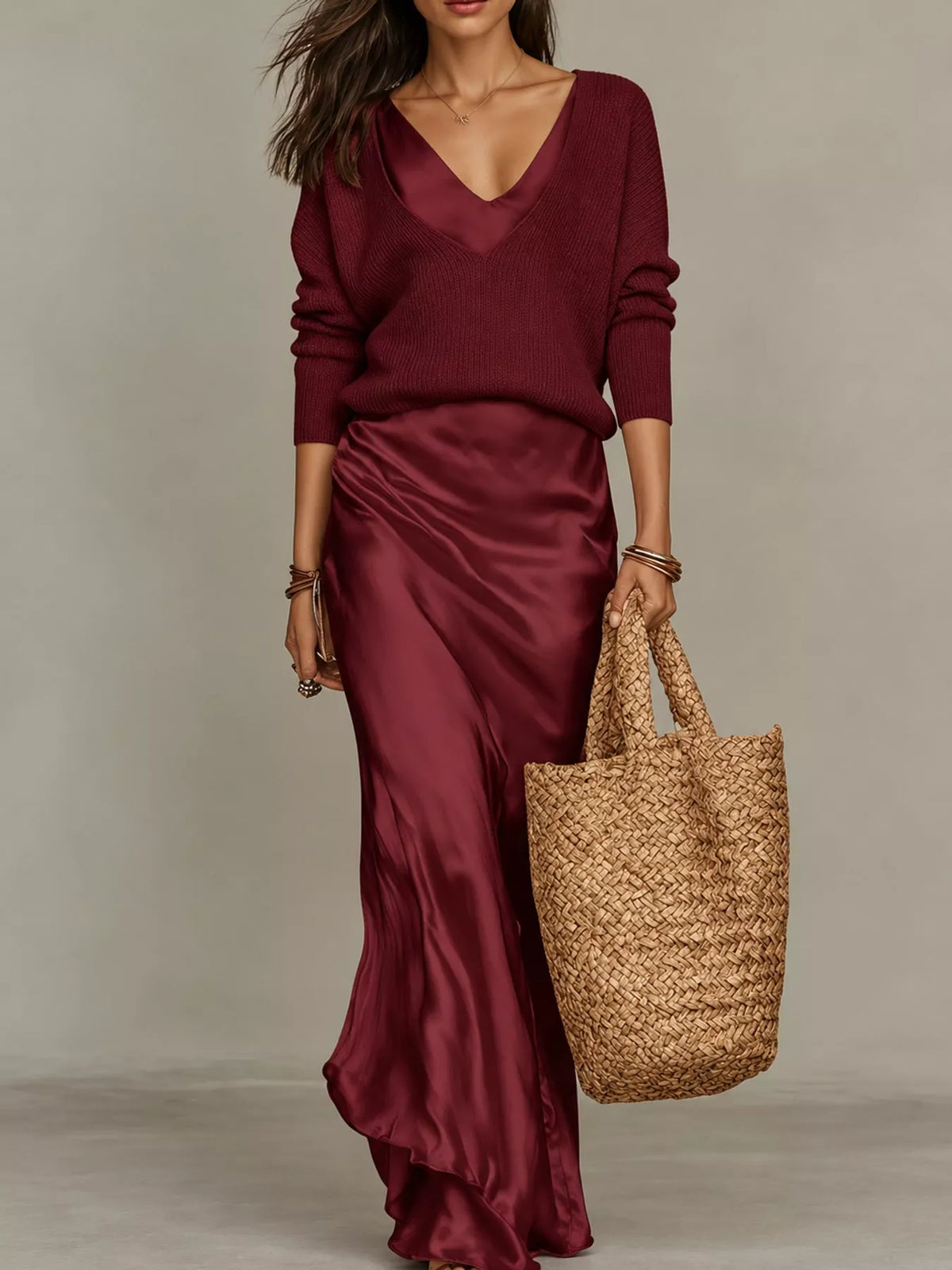 V-Neck Sweater & Satin Slip Maxi Dress Set in Burgundy by Belle Bijouix – view 21 of 41