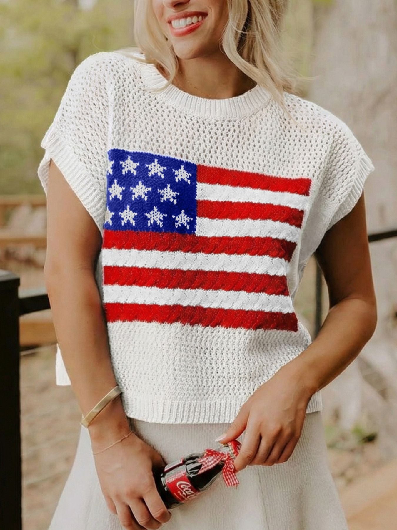American Flag knitted short-sleeve sweater in white with blue star field and red stripes