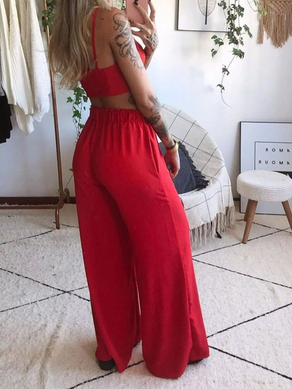 Boho butterfly-print top and pants set, red two-piece outfit.