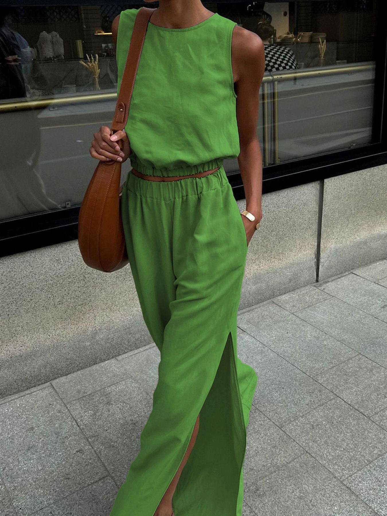 Sleeveless Crop Top and Slit Pants Set in bright green by Belle Bijouix