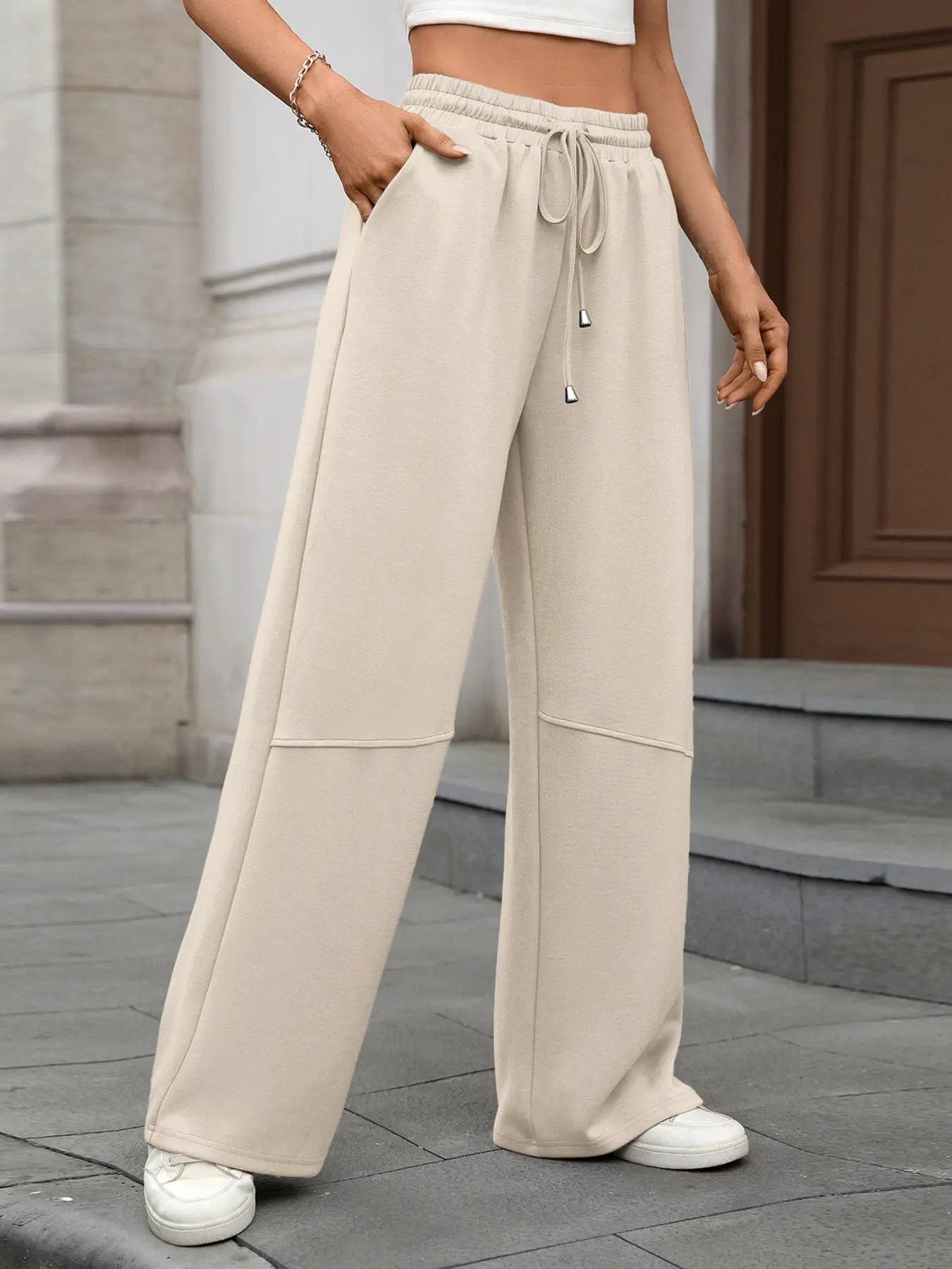Drawstring high-waist wide-leg beige casual pants with pockets