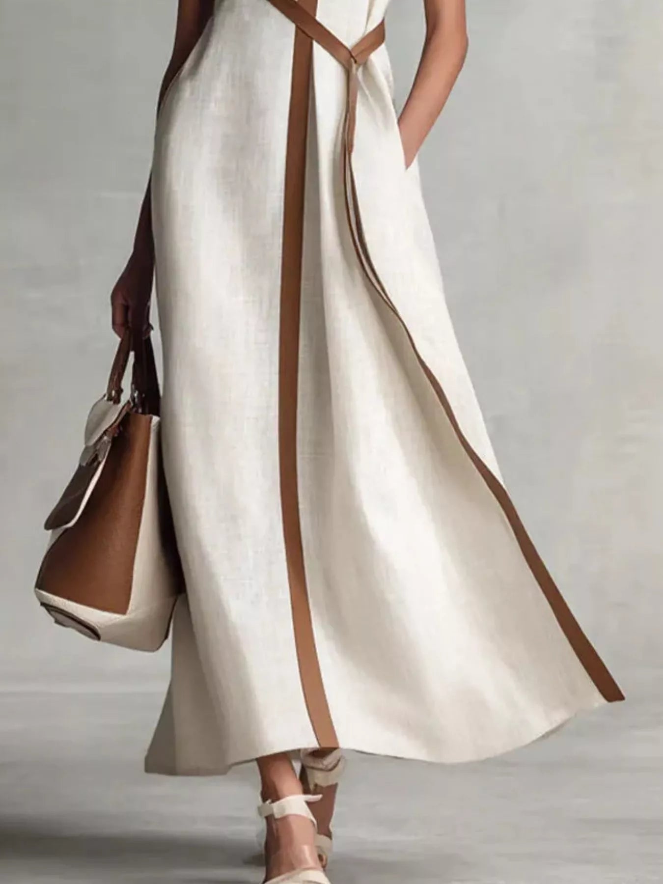 Plus-size sleeveless maxi dress in ivory with brown contrast trim and waist sash