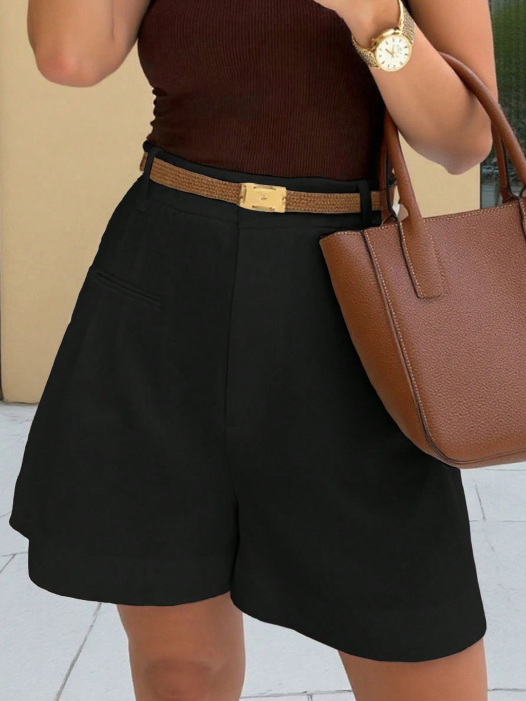 High-Waisted Shorts by Bellebijouix, black with tan woven belt and pockets