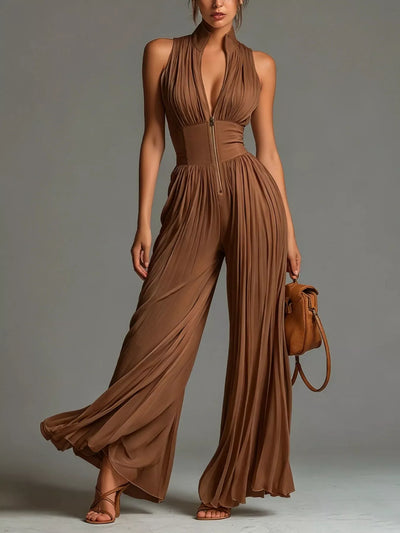 Sleeveless Pleated Wide-Leg Jumpsuit – Front Zipper & Ruched Detail