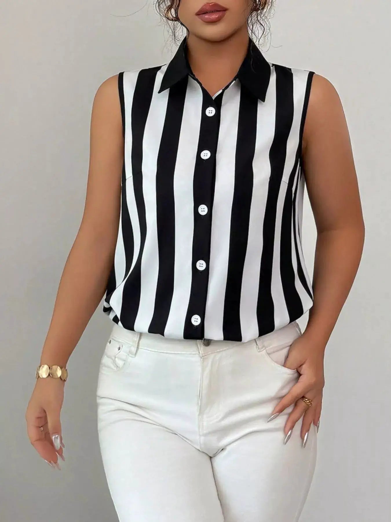 Button Up Sleeveless Shirt by Belle Bijouix, black and white vertical stripes, collared top
