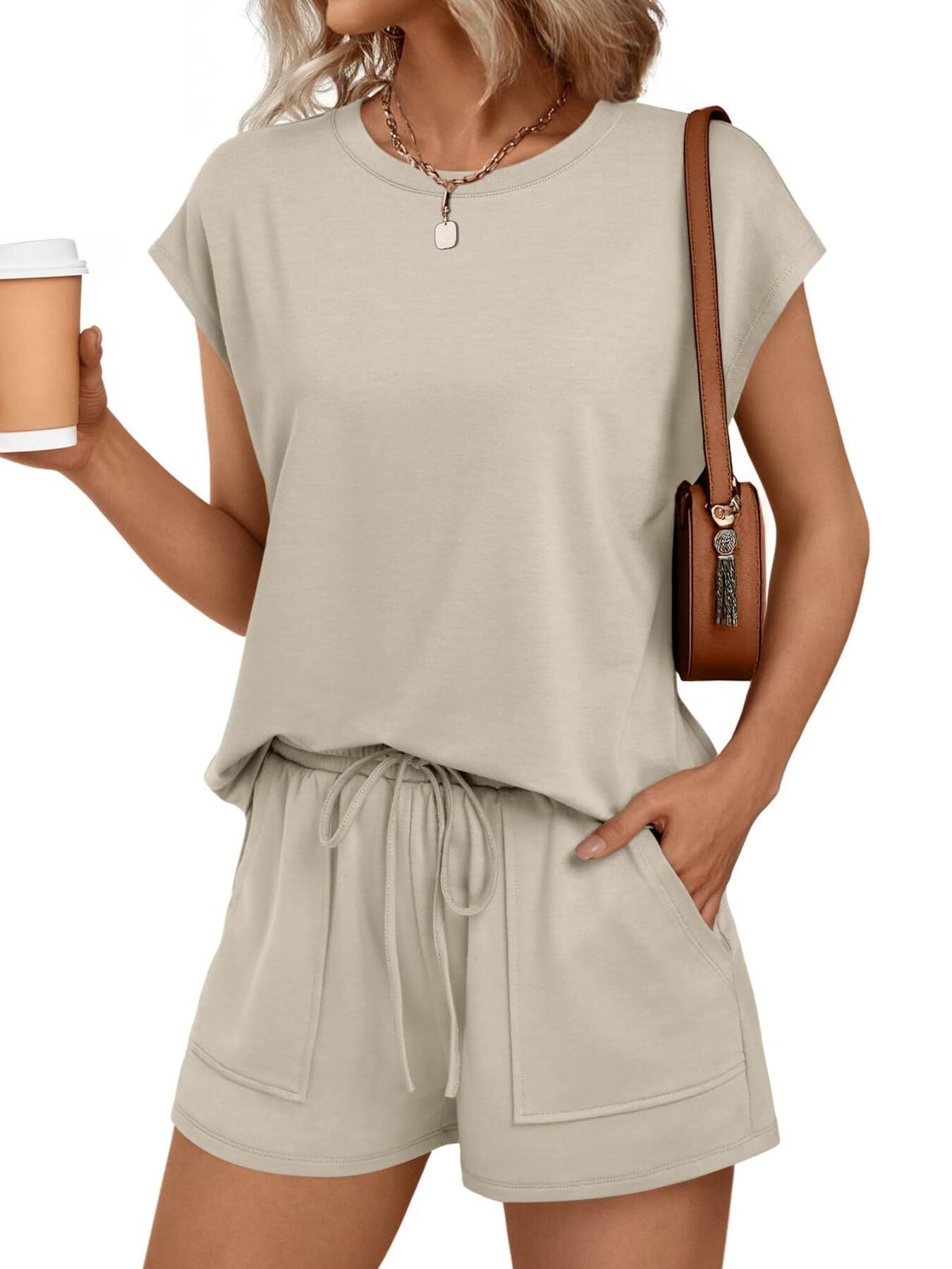 Round Neck Cap Sleeve Top and Shorts Set by Trendsi in beige with drawstring shorts