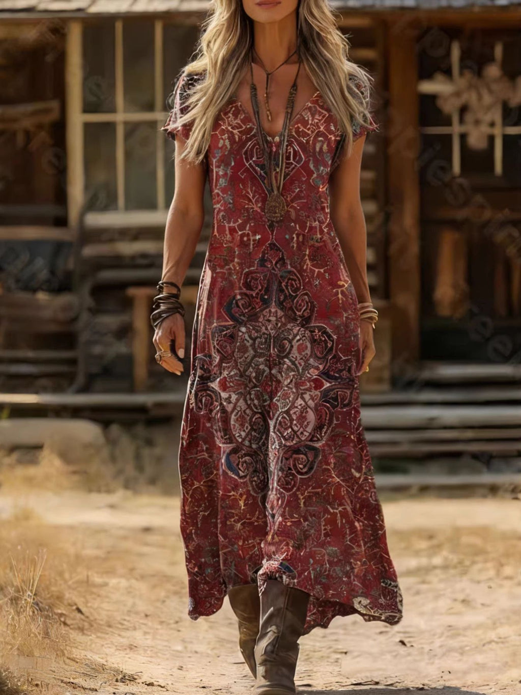 Printed V-Neck Short Sleeve Midi Dress in burgundy paisley print by Trendsi