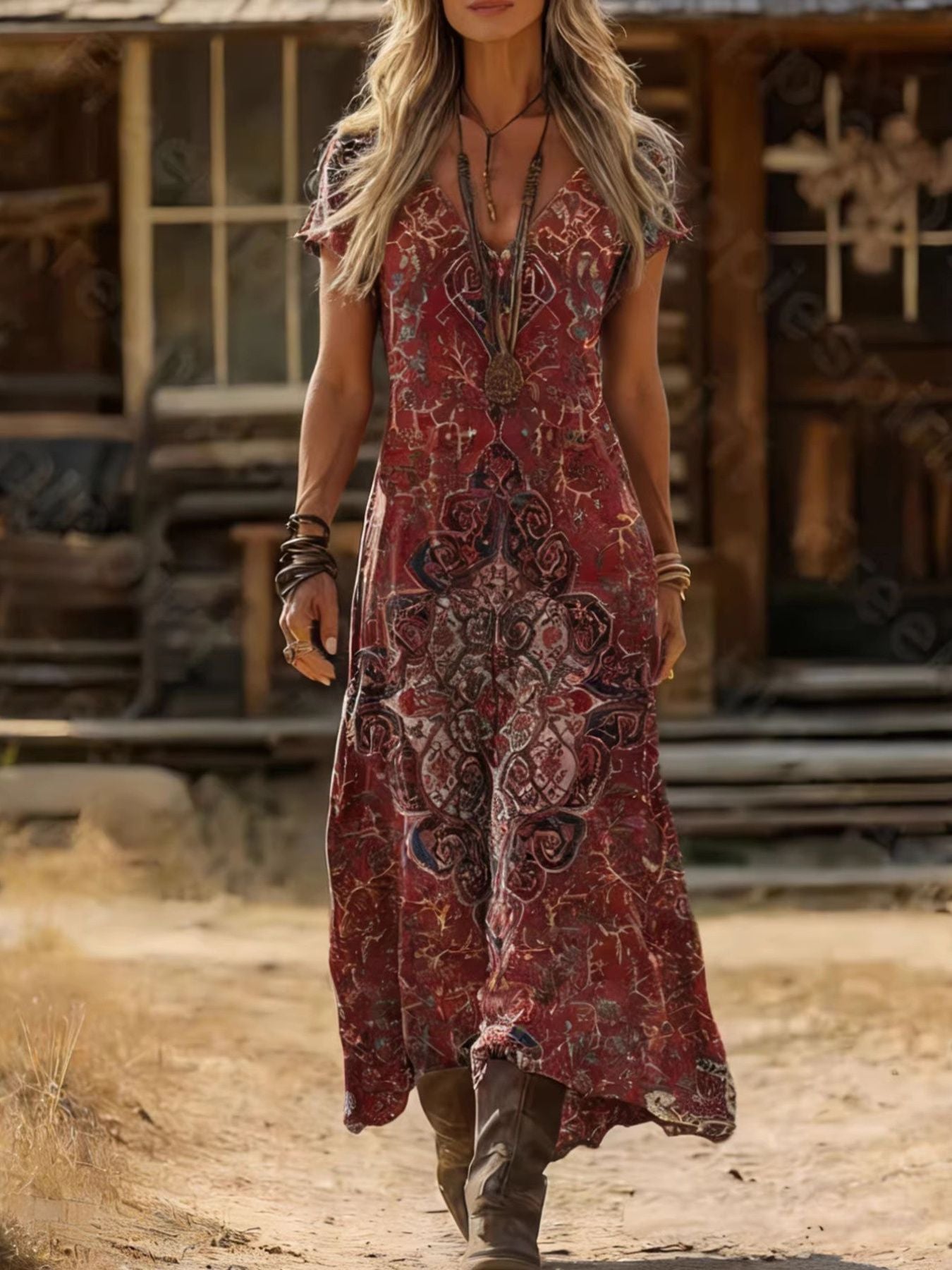 Printed V-Neck Short Sleeve Midi Dress in burgundy paisley print by Trendsi