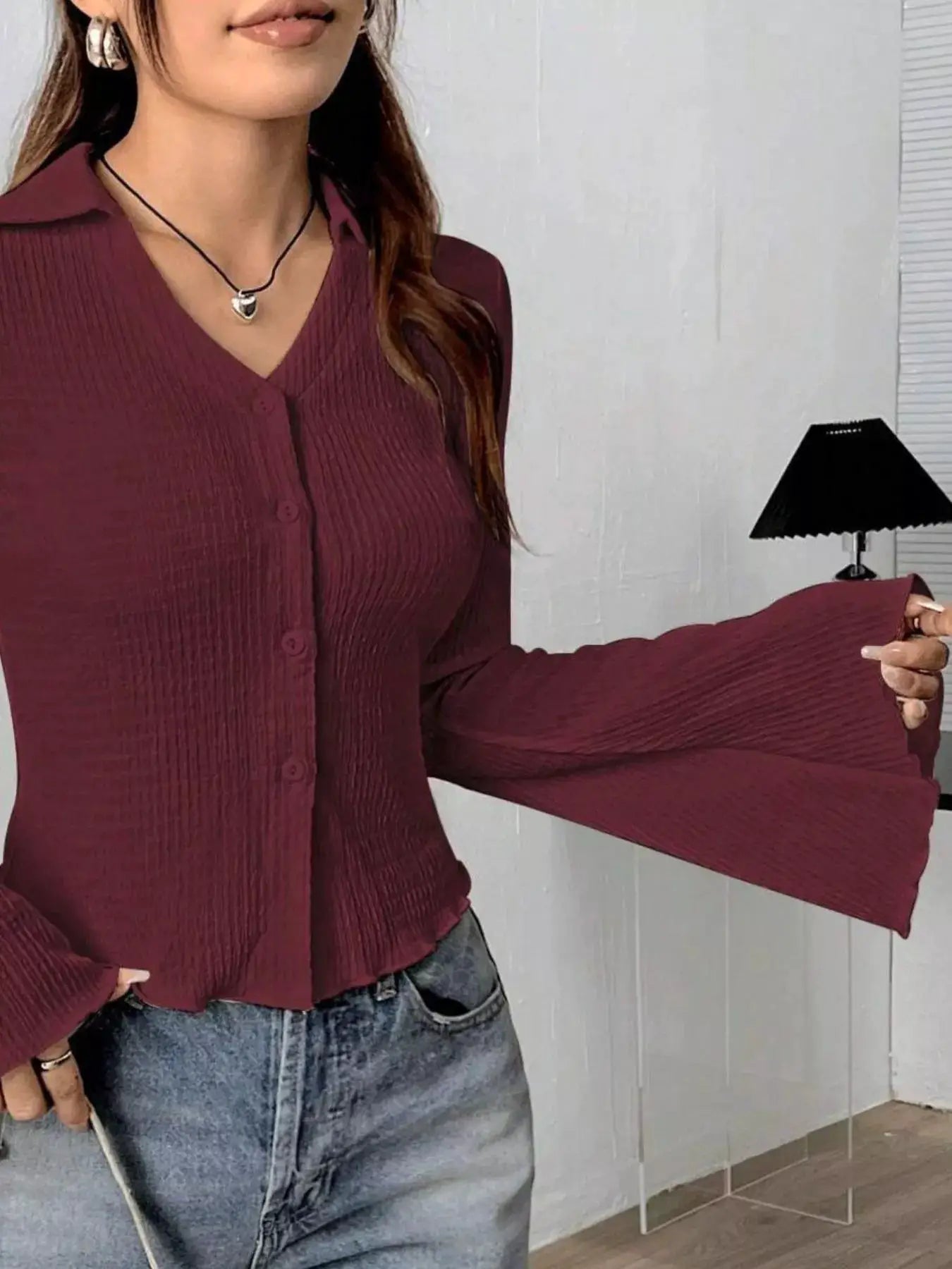 Button Up Flare Sleeve Shirt by Trendsi in burgundy ribbed knit