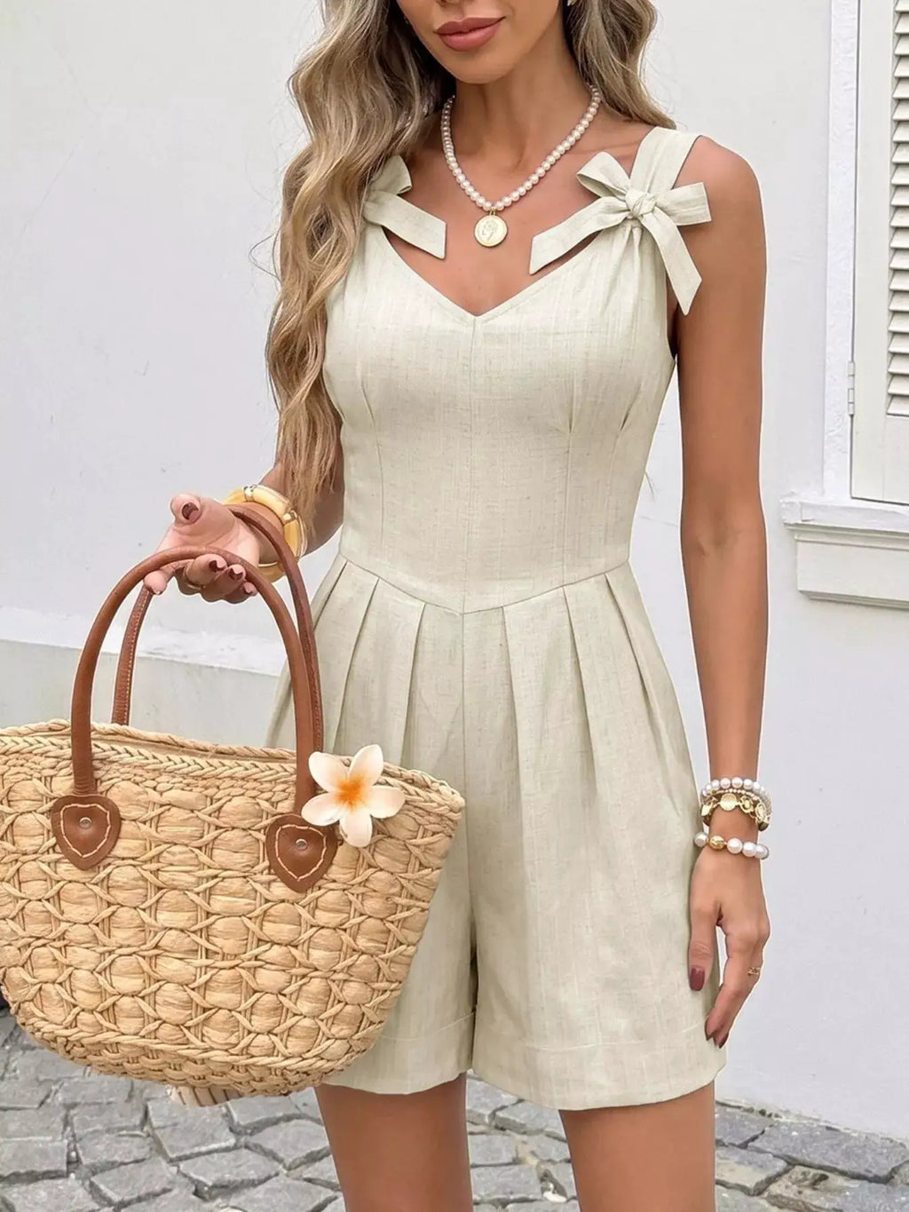 Bowknot Strap Pleated Detail Romper, beige linen-look fabric, Trendsi
