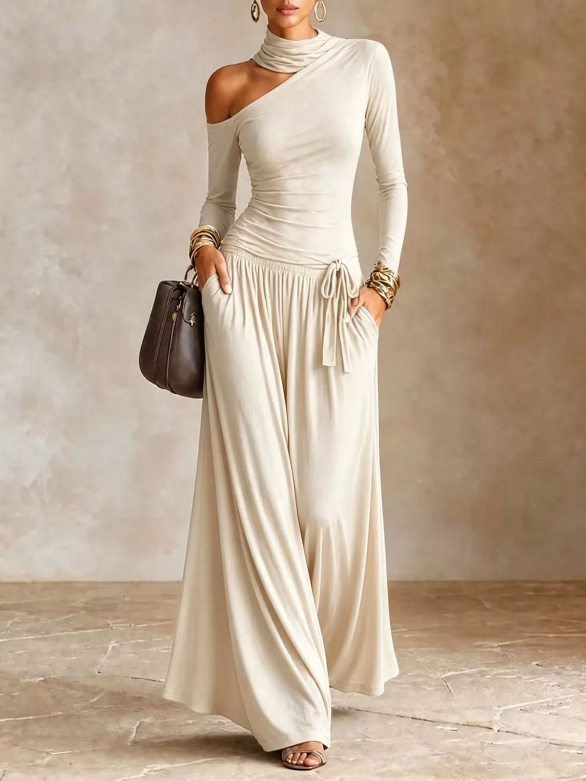 Asymmetric Cutout Long Sleeve Maxi Dress in Apricot by Belle Bijouix – view 4 of 11
