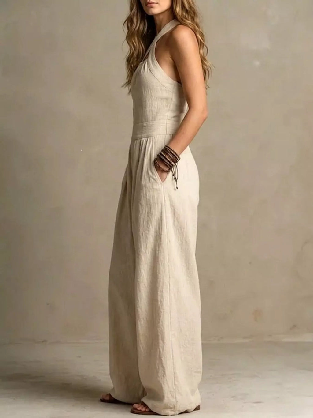 Crisscross Halter Linen Wide-Leg Jumpsuit by Belle Bijouix – view 3 of 45