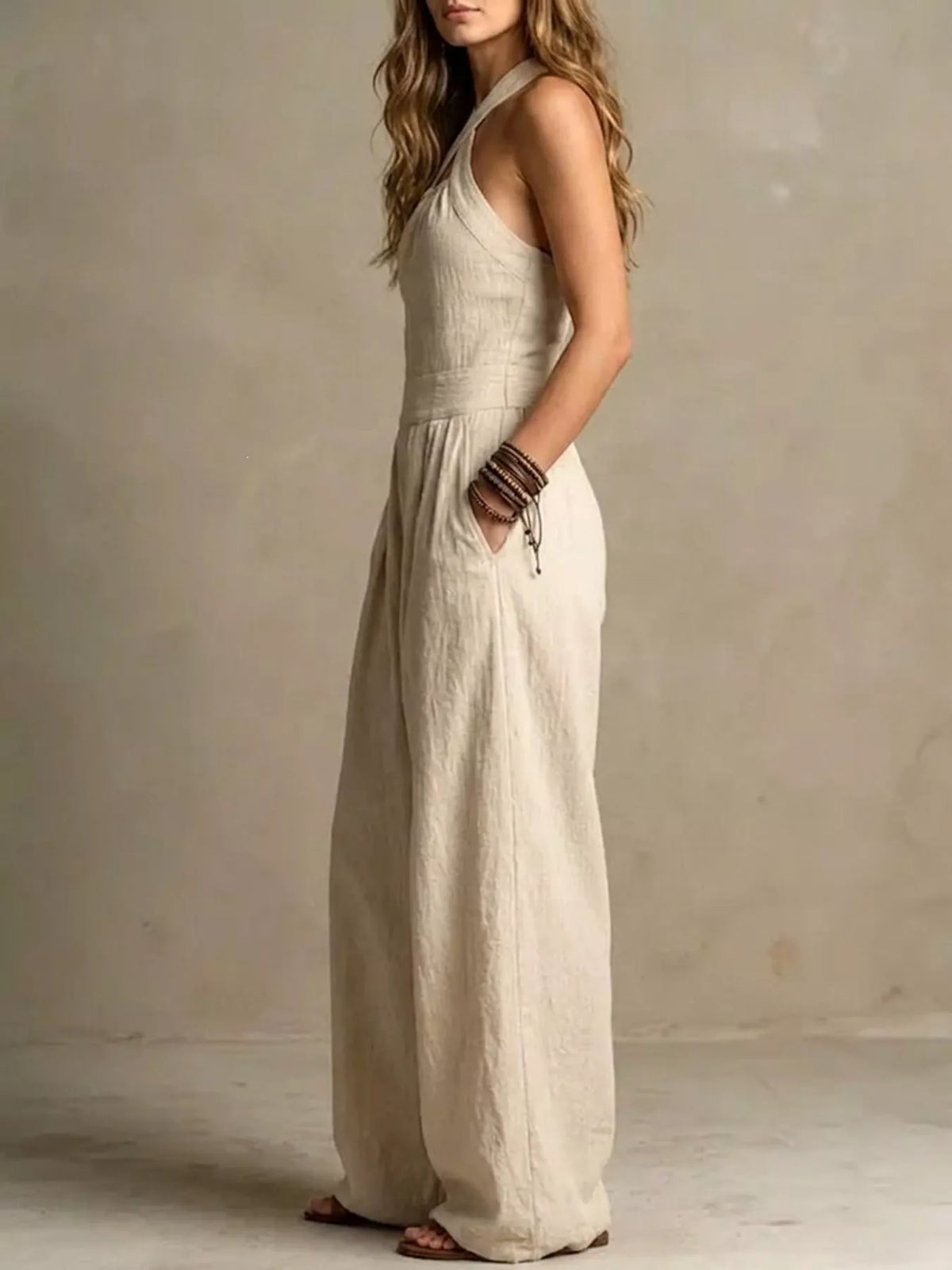 Crisscross Halter Linen Wide-Leg Jumpsuit by Belle Bijouix – view 3 of 45