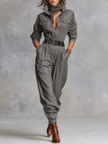 Button-Front Belted Long-Sleeve Jumpsuit