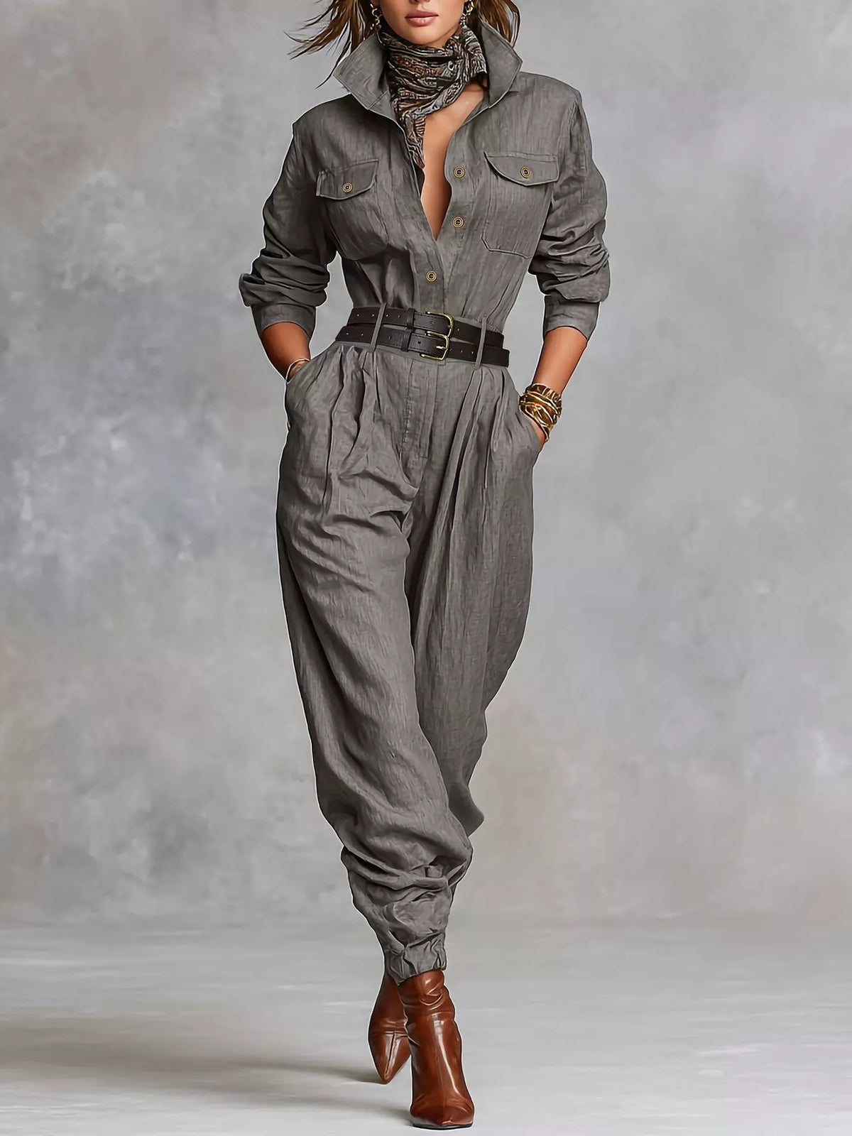 Button-Front Belted Long-Sleeve Jumpsuit