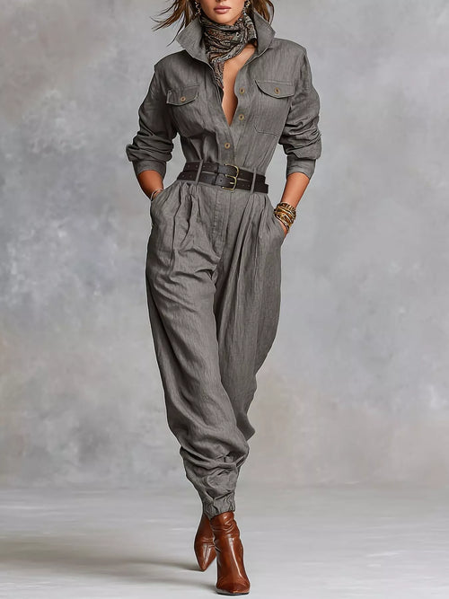 Button-Front Belted Long-Sleeve Jumpsuit