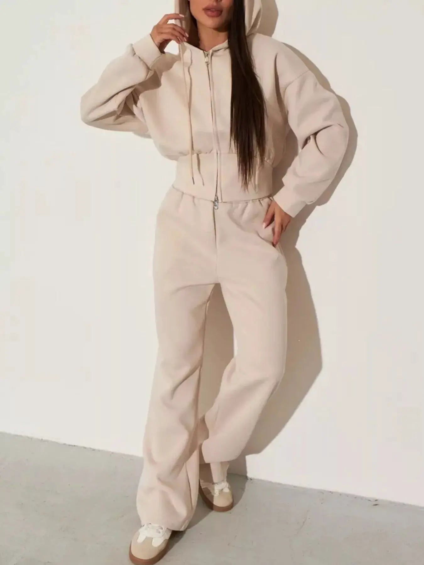 Zip-Up Hoodie & Wide-Leg Pants two-piece beige lounge set for women