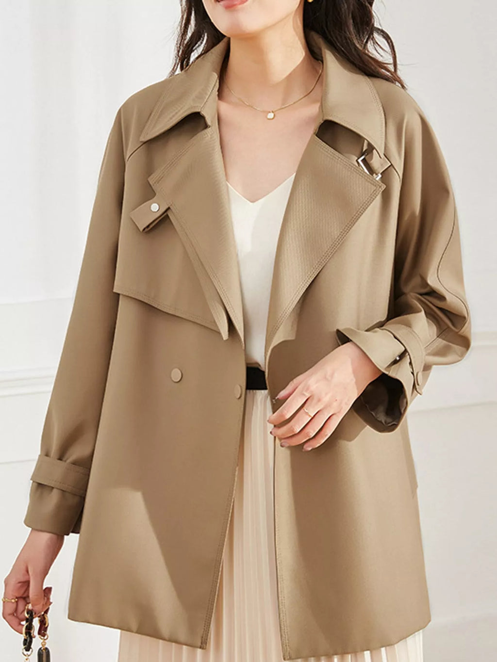 Double-Breasted Tie-Waist Short Trench Coat in Khaki by Belle Bijouix – view 14 of 20