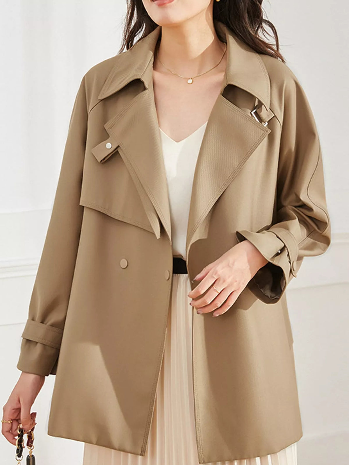 Double-Breasted Tie-Waist Short Trench Coat in Khaki by Belle Bijouix – view 14 of 20