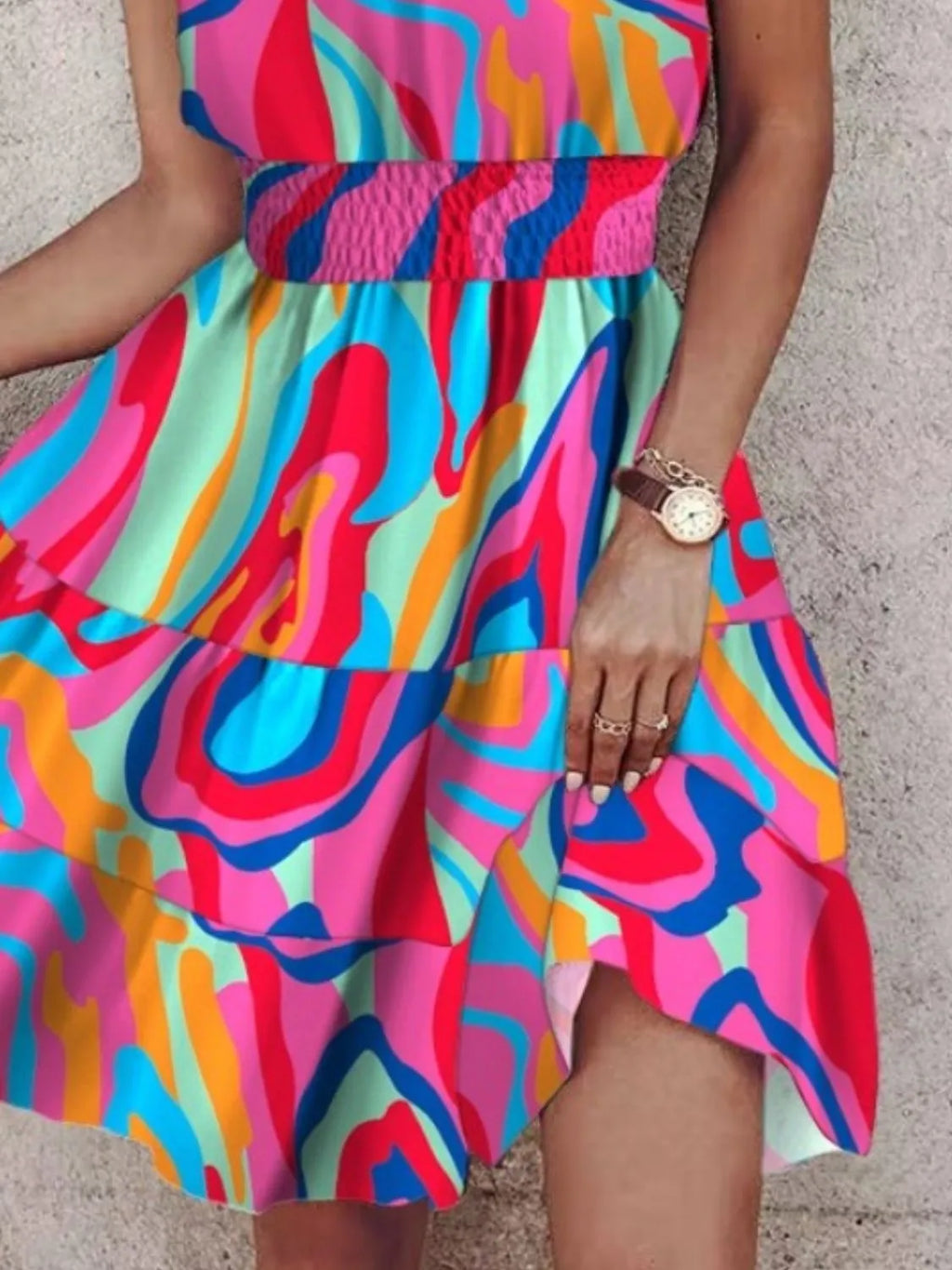 Paisley Print Halter Neck Mini Dress by Belle Bijouix in a vibrant multi-color pattern with ruffled, smocked waist.