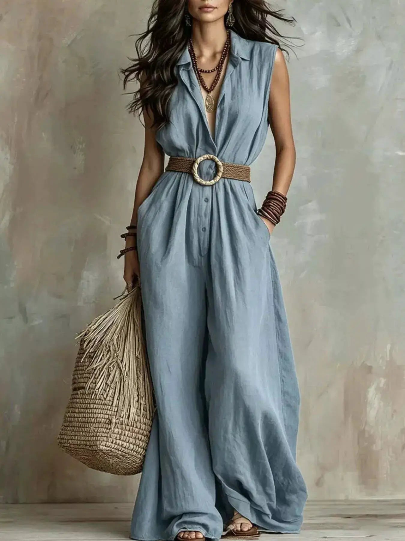 Plus Size Sleeveless Wide-Leg Jumpsuit with Pockets in blue, belted with woven rope belt
