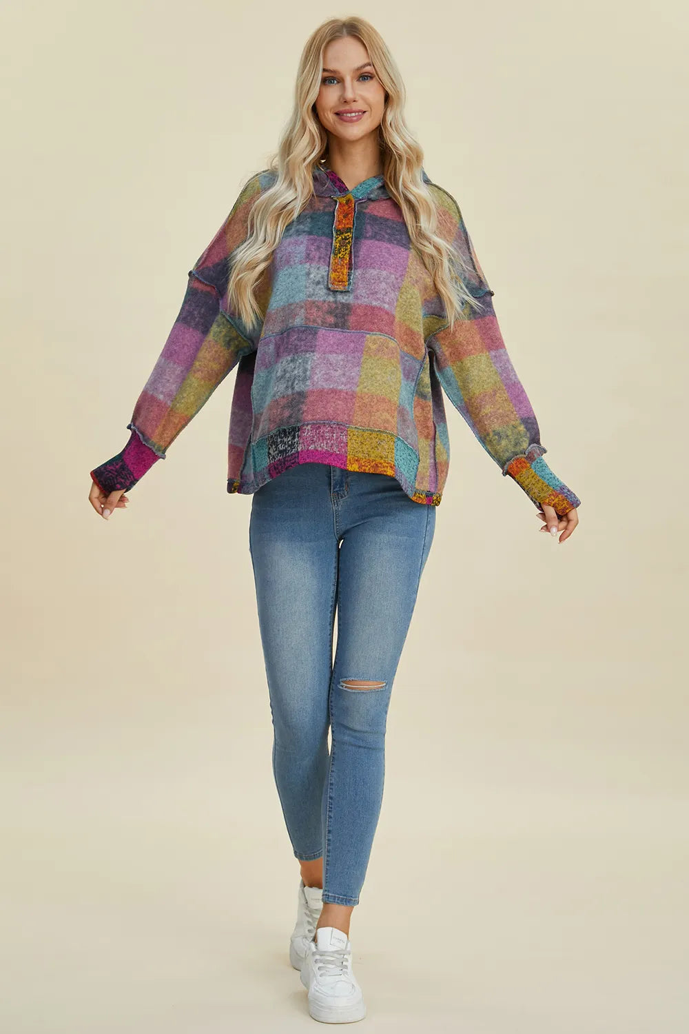 Plaid fleece hoodie with dropped-shoulder, oversized fit in multicolor plaid.
