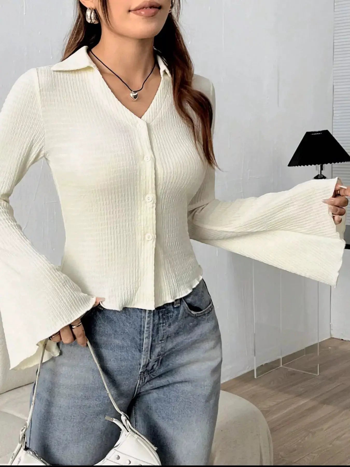 Button Up Flare Sleeve Shirt by Trendsi in cream, ribbed knit with buttoned front