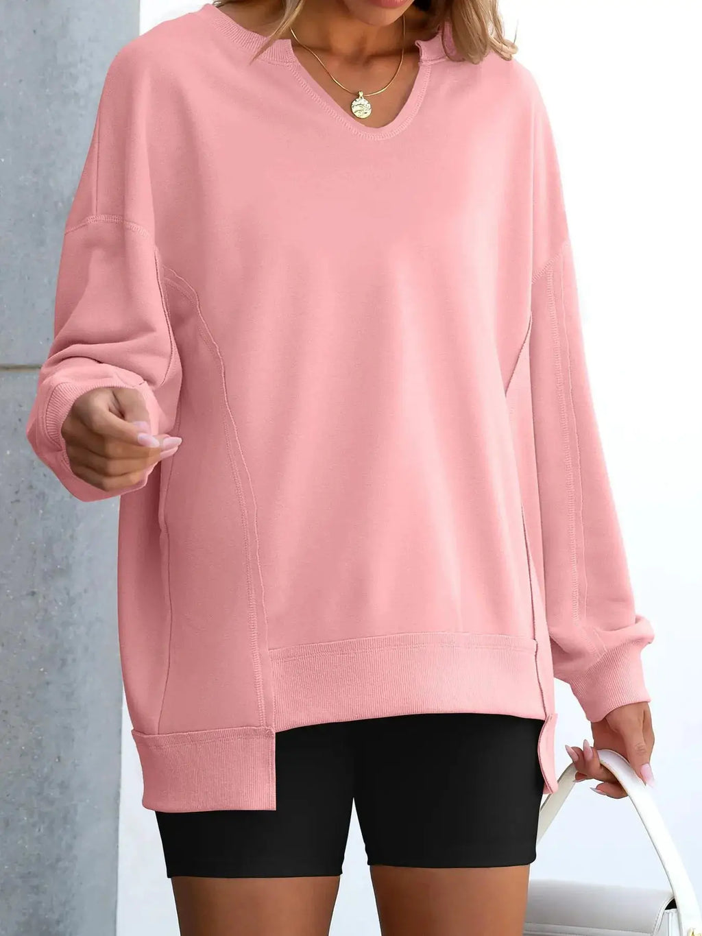 Notched long sleeve oversized pink sweatshirt, ribbed hem, Belle Bijouix Tops