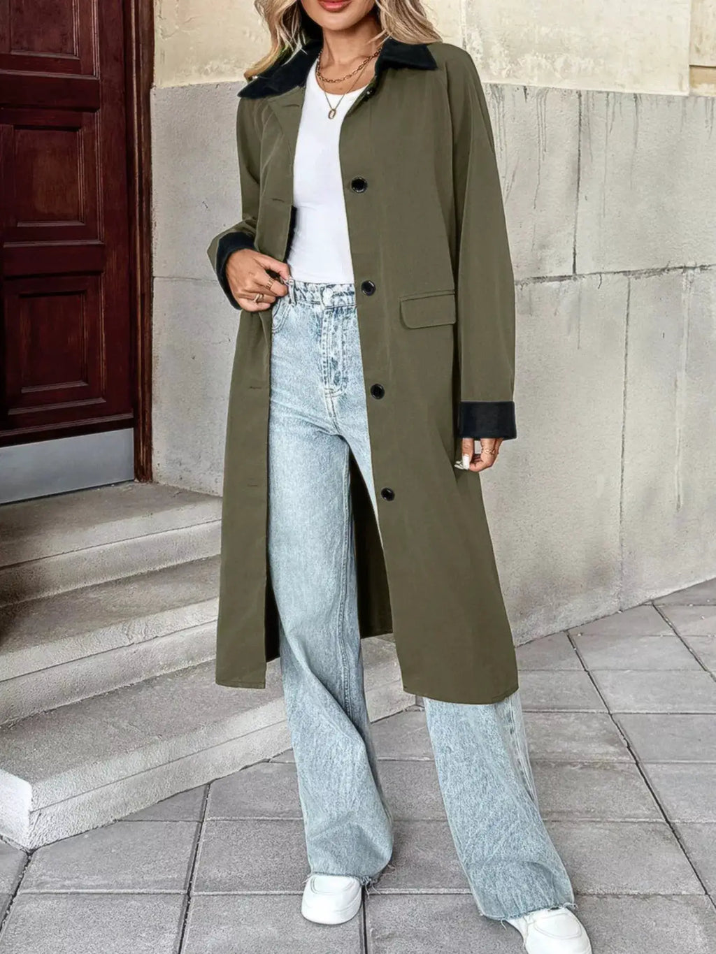 Contrast Collar Button Up Coat in olive with black collar, knee-length, front buttons and pockets