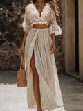 Belle Bijouix Lace Crop Top and Slit Maxi Skirt Set in cream lace with scalloped edges and tied waist