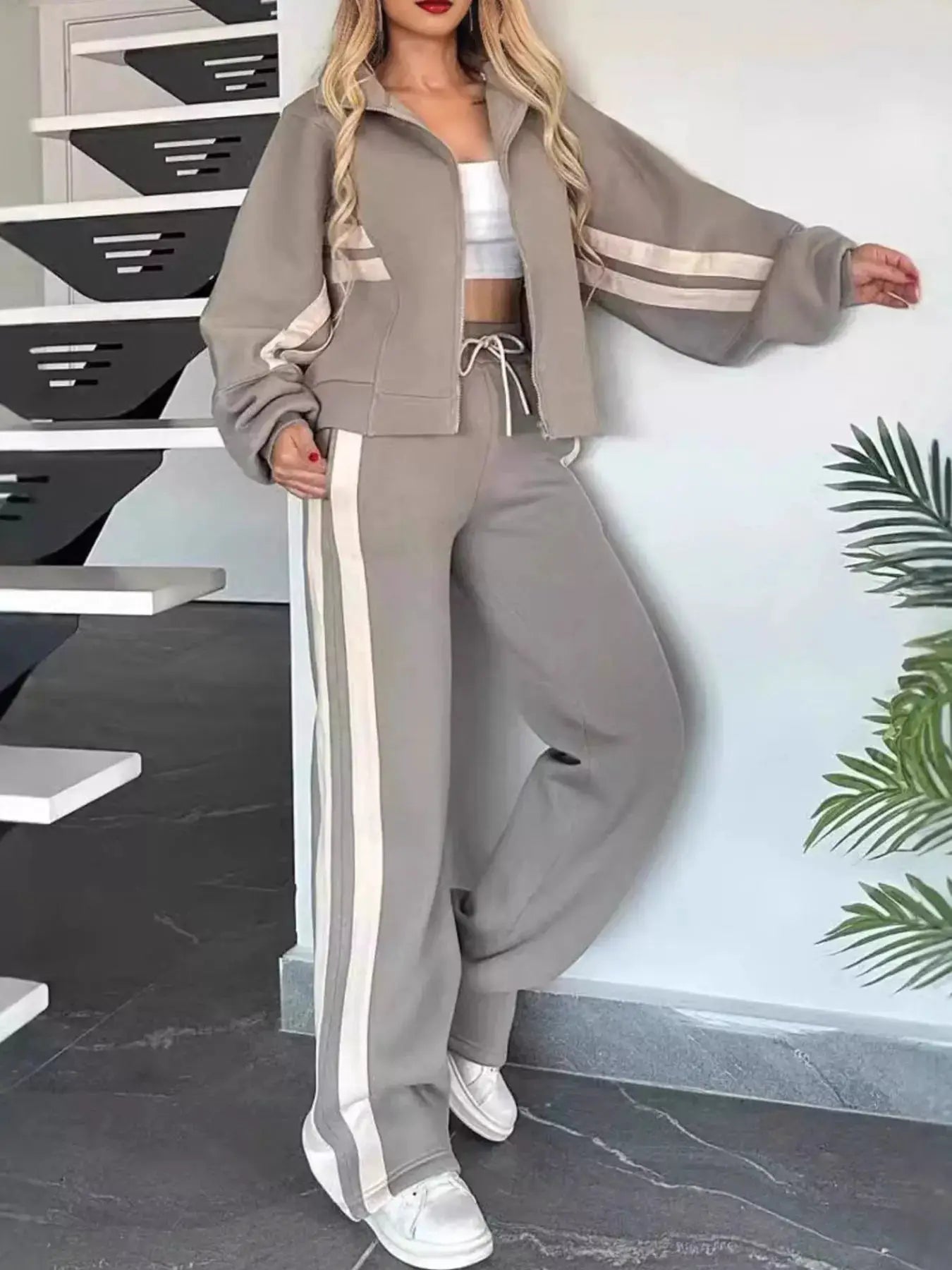 Full-size Belle Bijouix striped zip-up outerwear and pants set, taupe with cream side stripes