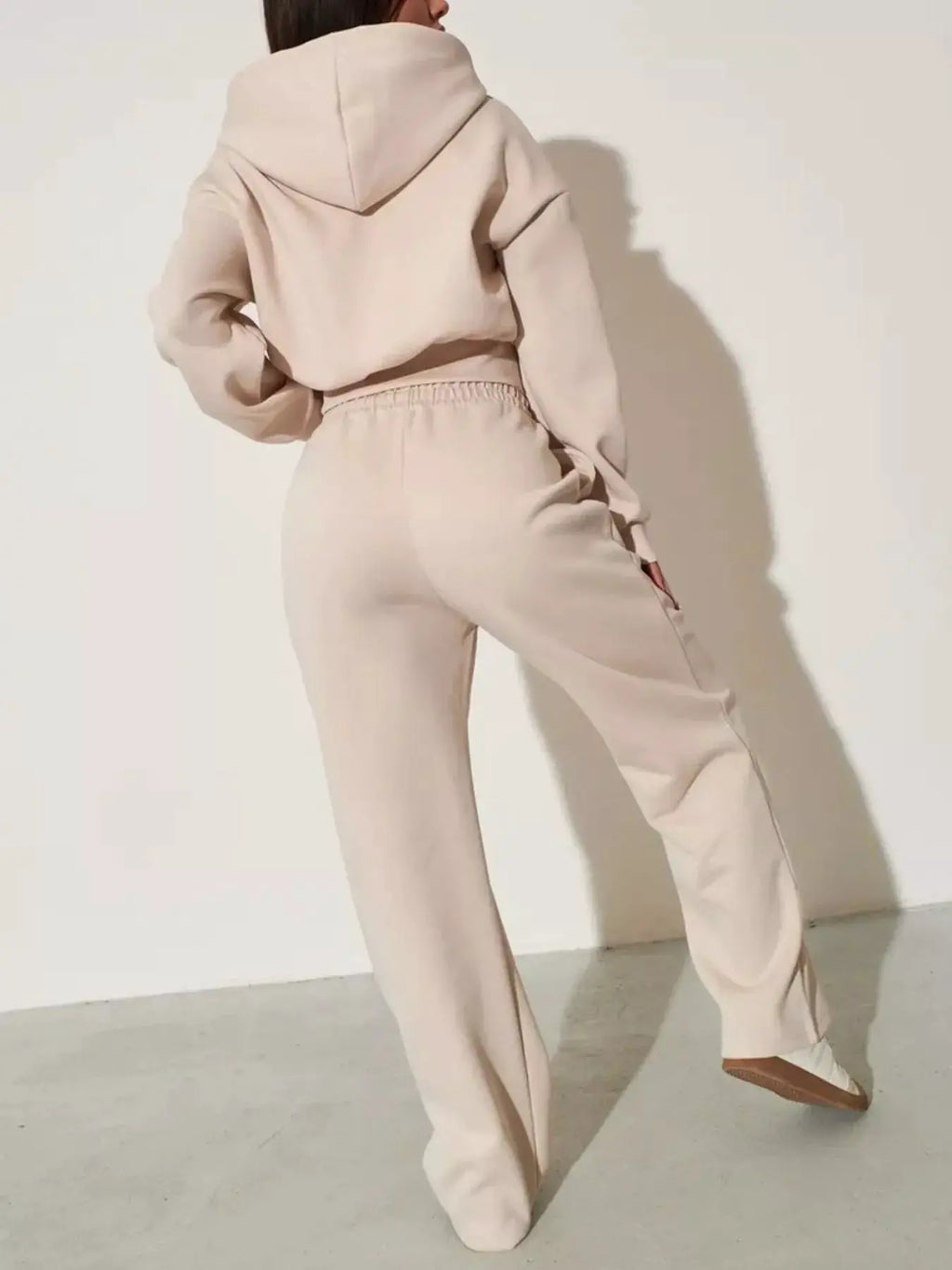 Zip-Up Hoodie & Wide-Leg Pants Set, beige two-piece women's loungewear with elastic waistband