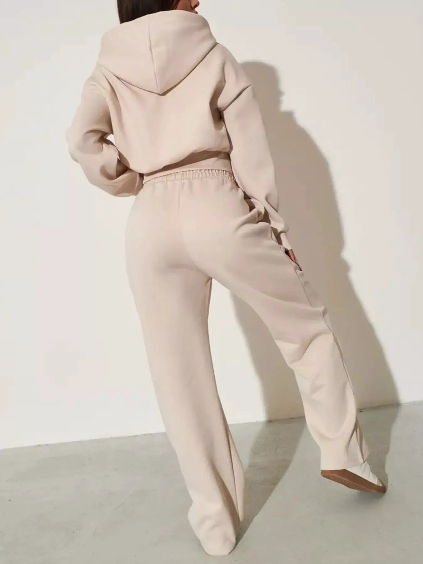 Zip-Up Hoodie & Wide-Leg Pants Set, beige two-piece women's loungewear with elastic waistband