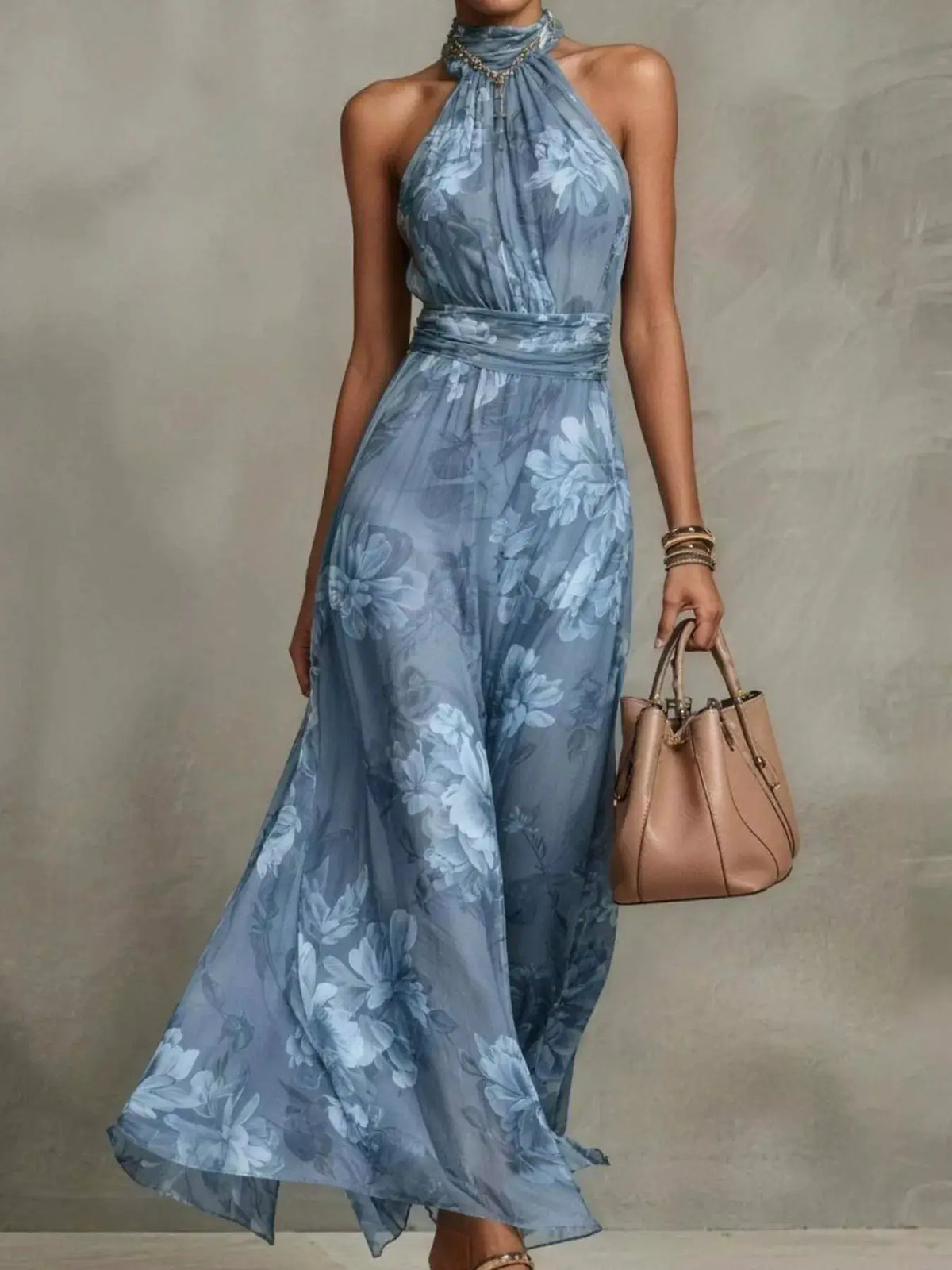 Floral-print sleeveless halter-neck maxi dress, blue, plus size, wrapped waist