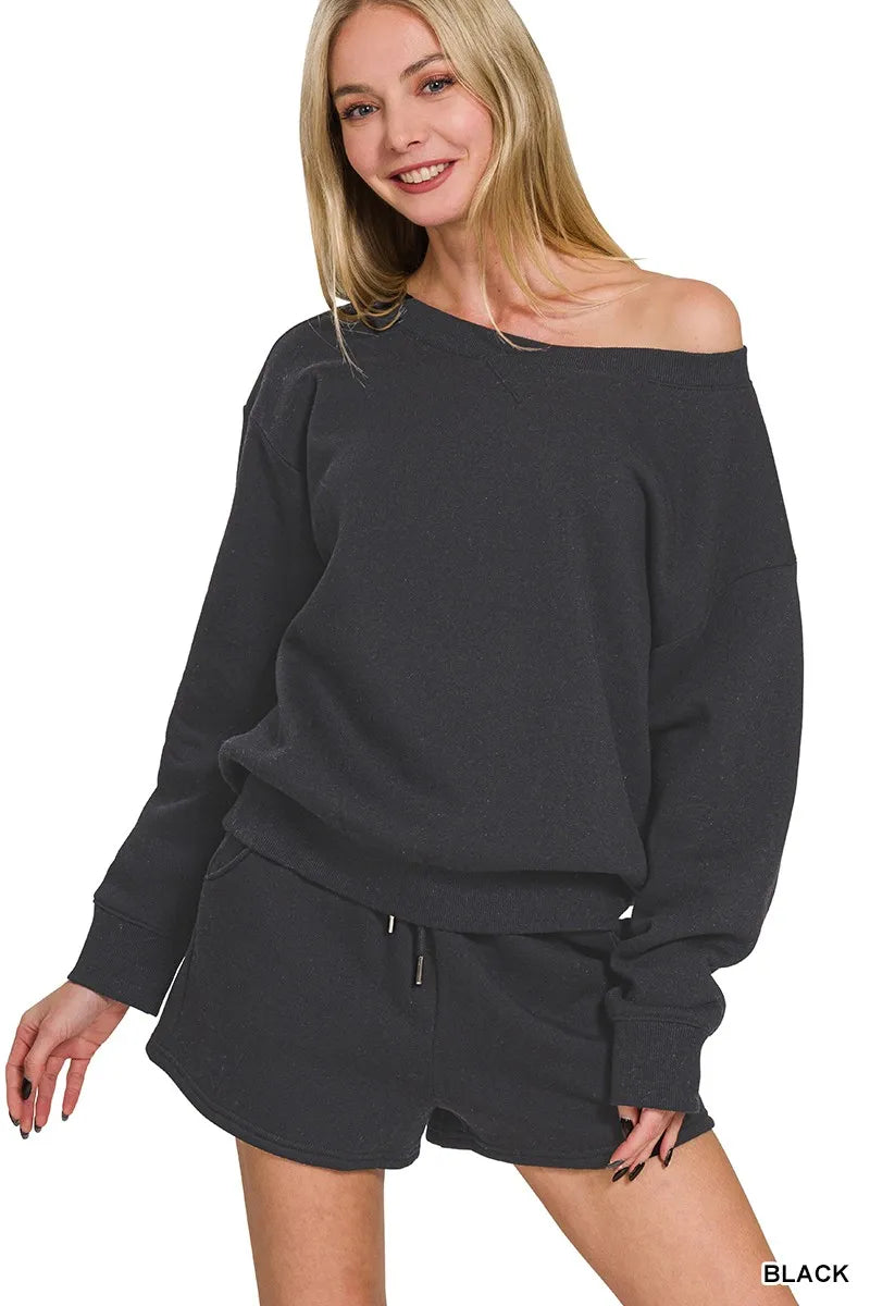 Zenana fleece boat-neck sweatshirt and shorts set in black by Belle Bijouix