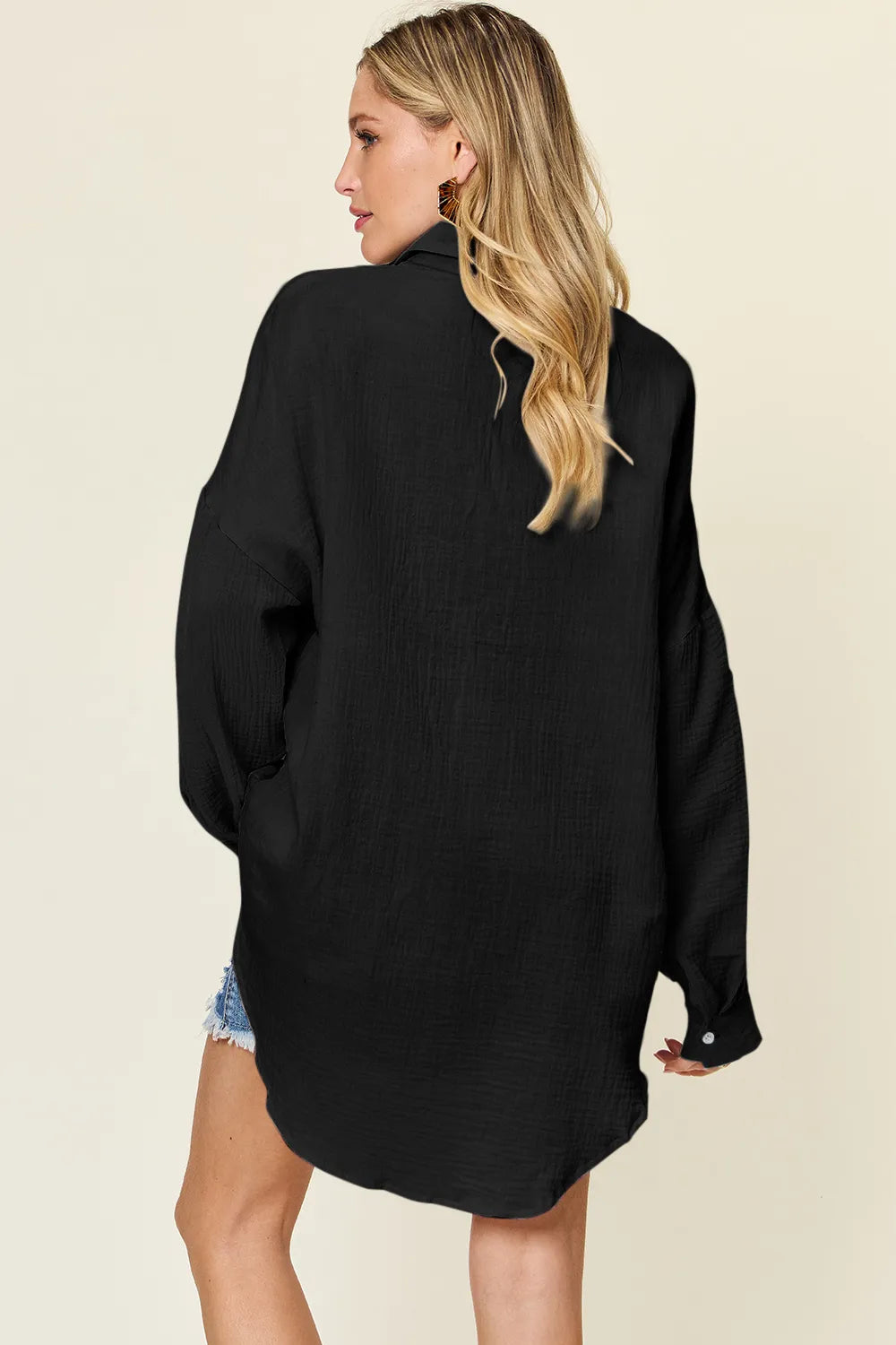 Double Take full-size pocketed textured button-up shirt in black Belle Bijouix