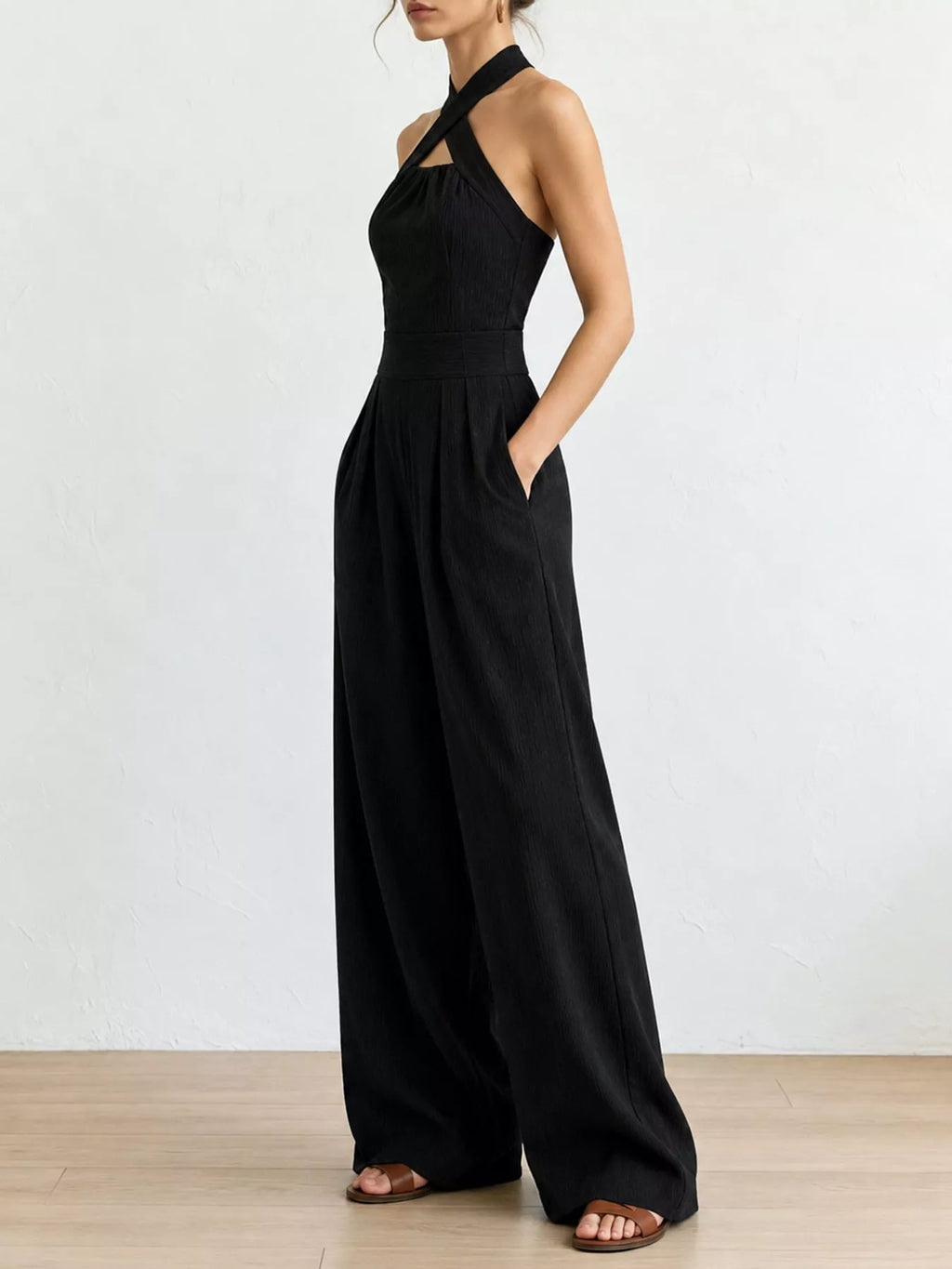 Crisscross Halter Linen Wide-Leg Jumpsuit by Belle Bijouix – view 6 of 45