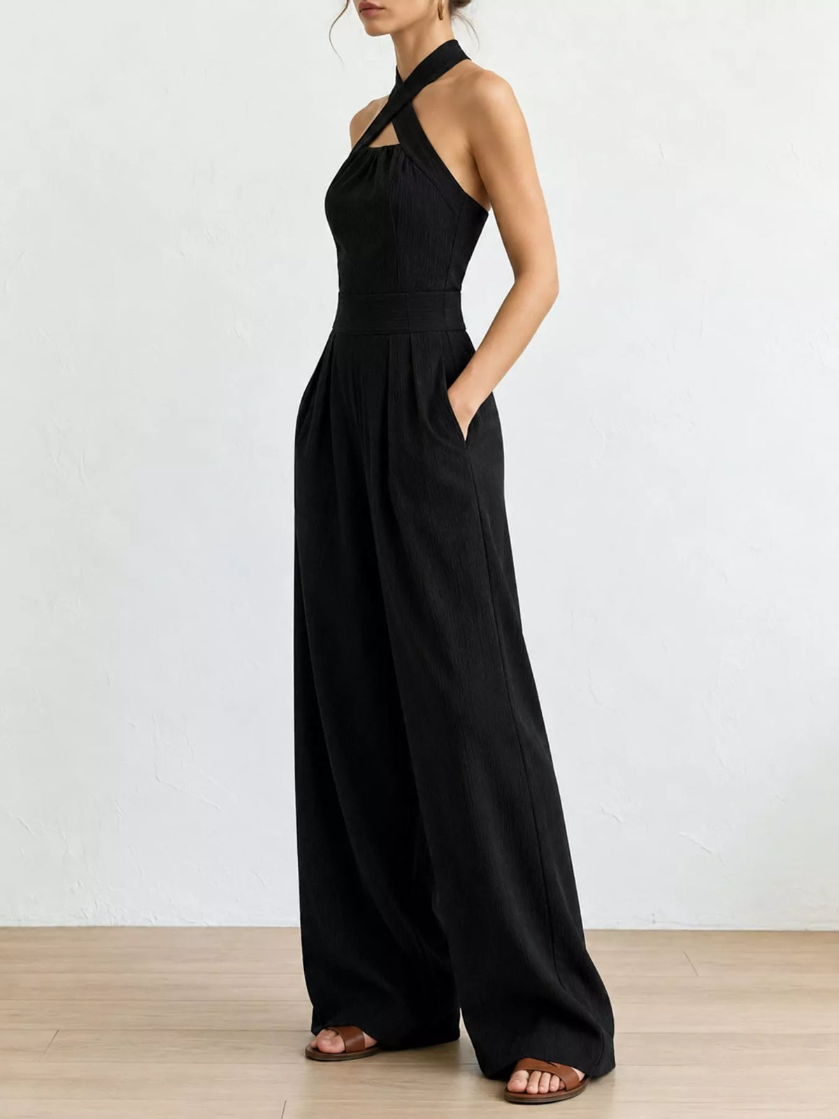 Crisscross Halter Linen Wide-Leg Jumpsuit by Belle Bijouix – view 6 of 45