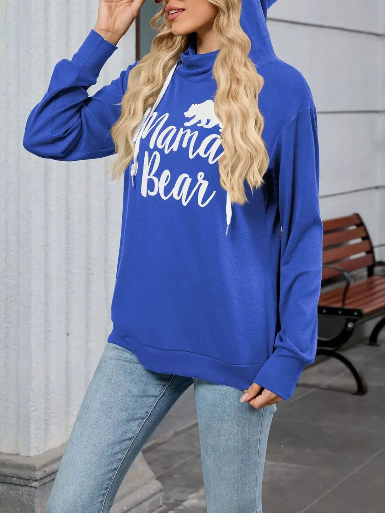 Letter Drawstring Long Sleeve Hoodie blue with white Mama Bear graphic Belle Bijouix