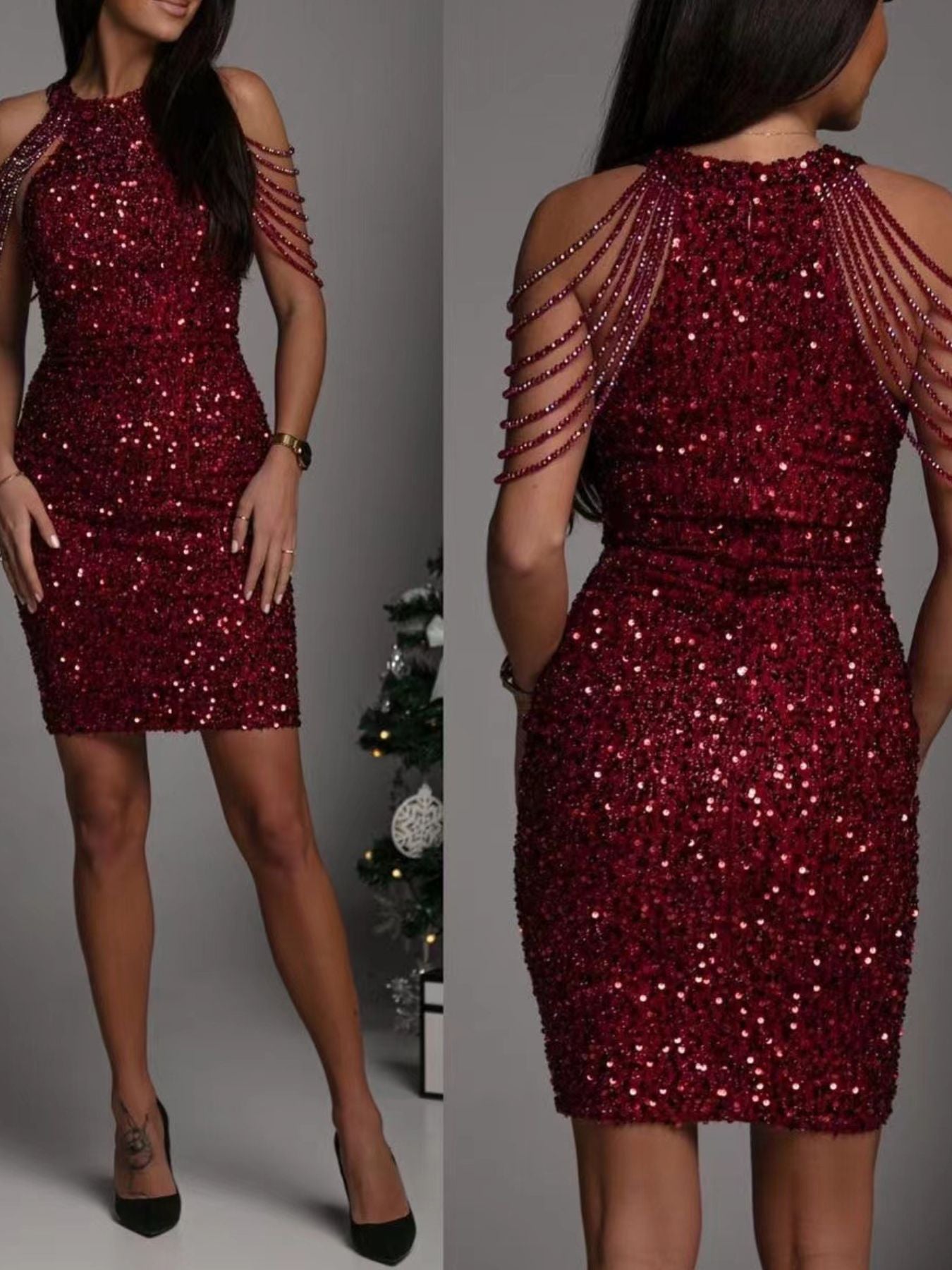 Full-size sequin-embellished burgundy bodycon mini dress plus size by Trendsi with beaded shoulder drapes
