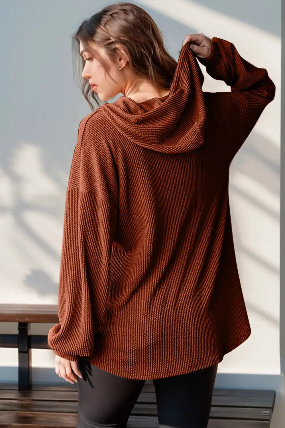 Double Take full-size half-button hoodie, rust-brown waffle-knit, oversized with long sleeves