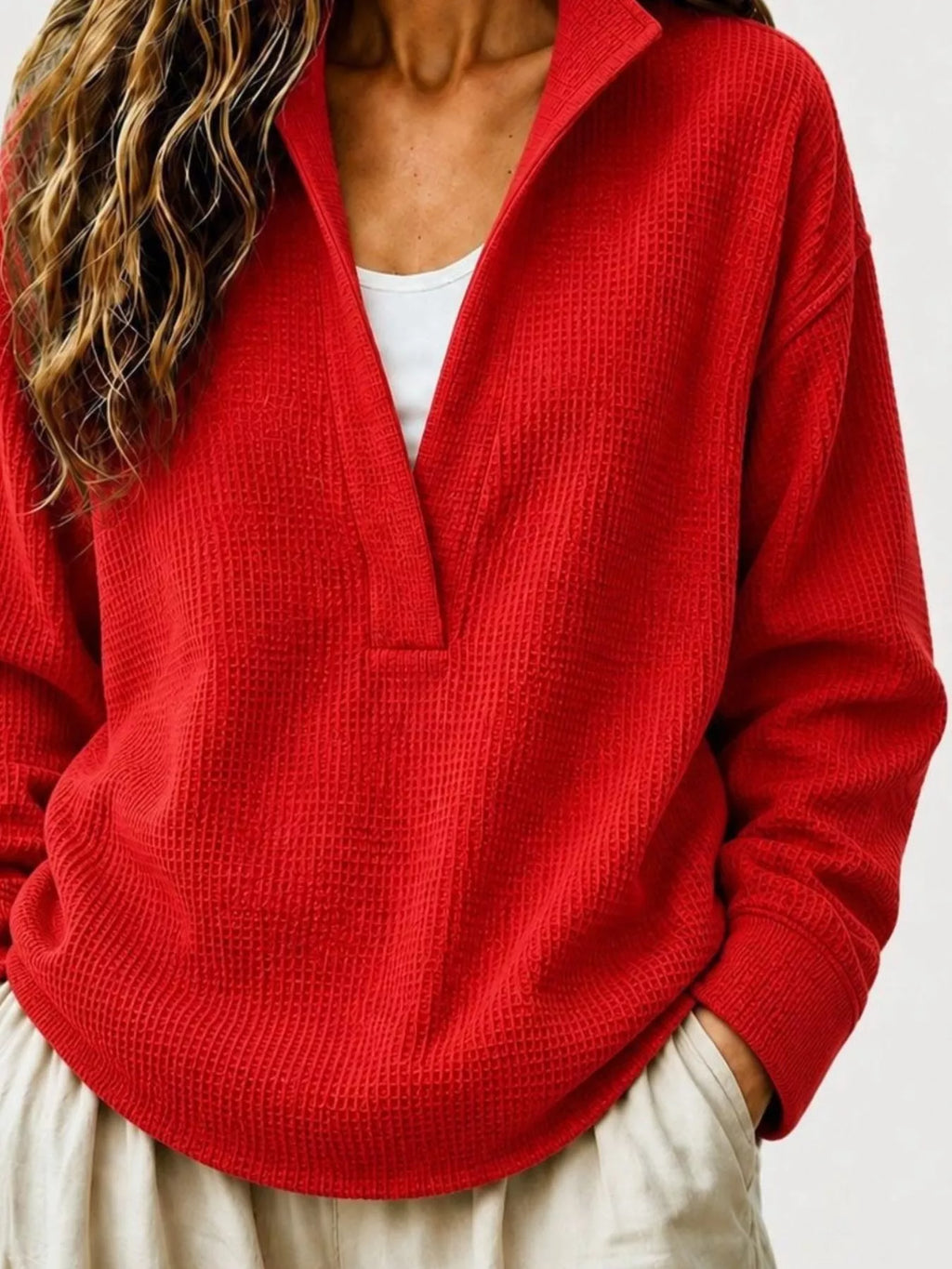 Waffle Knit Dropped Shoulder Sweatshirt