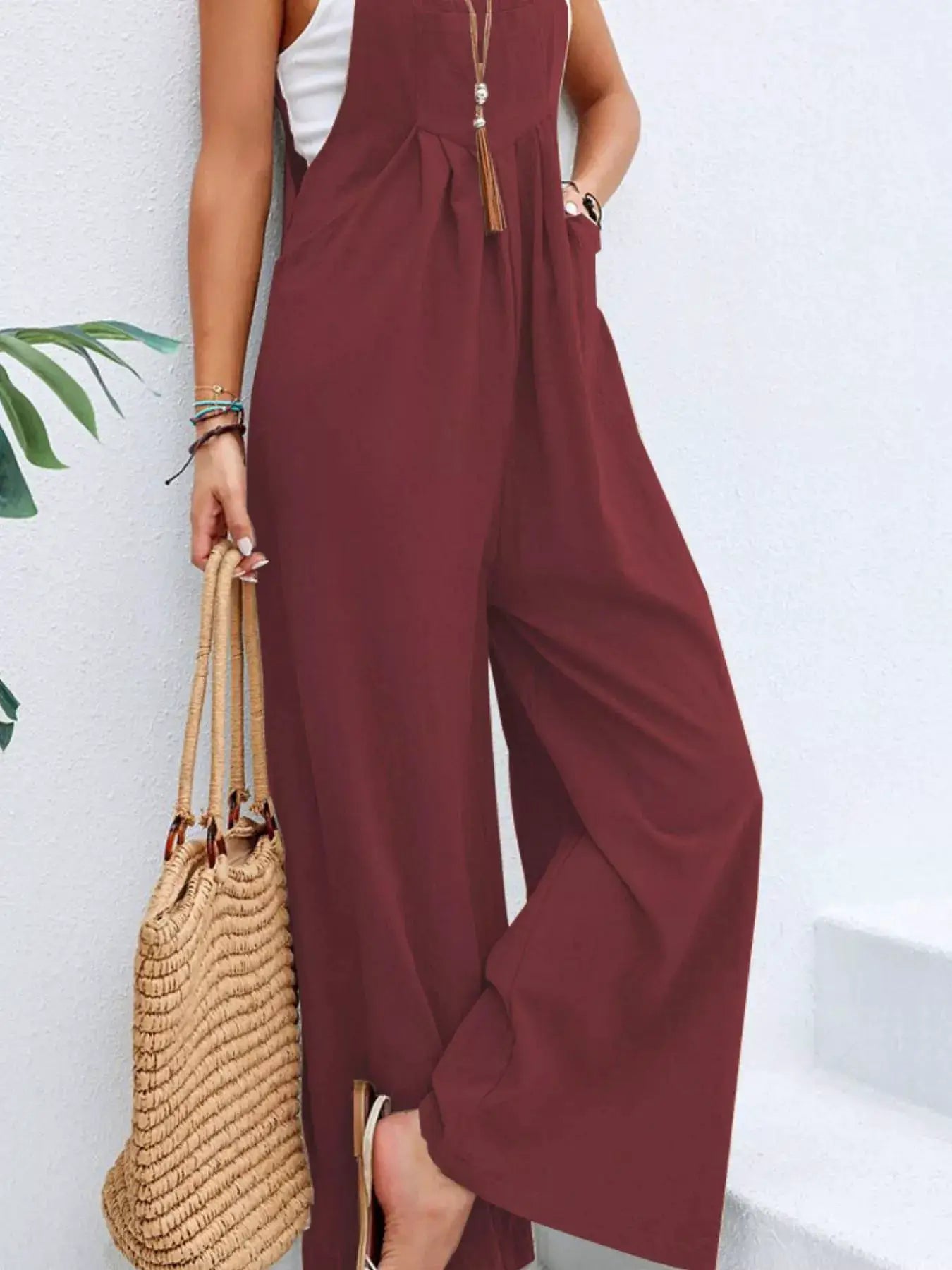 Overalls by Belle Bijouix, plus-size burgundy casual wide-leg with pockets