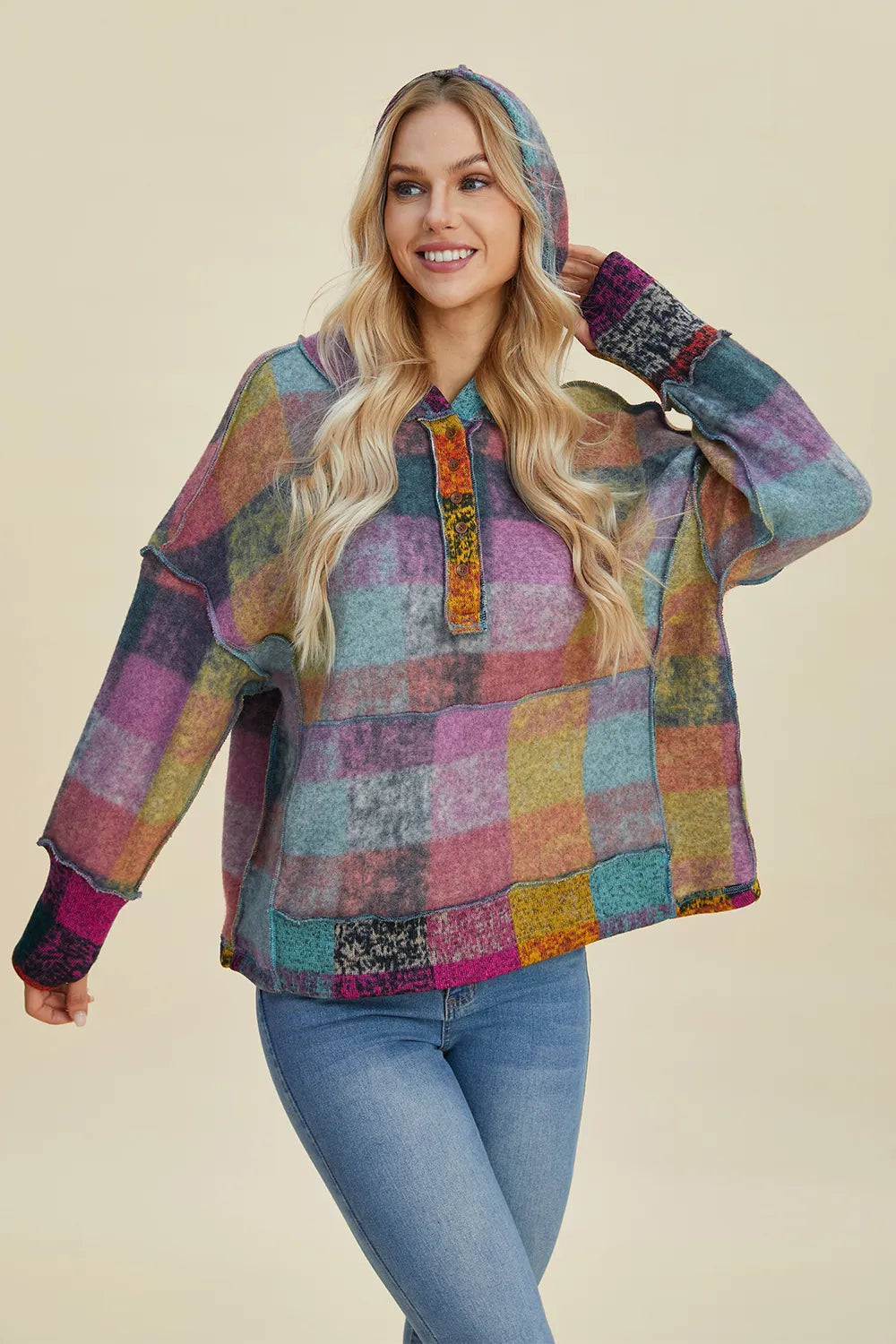 Double Take plaid fleece hoodie with dropped-shoulder fit in multicolor patchwork